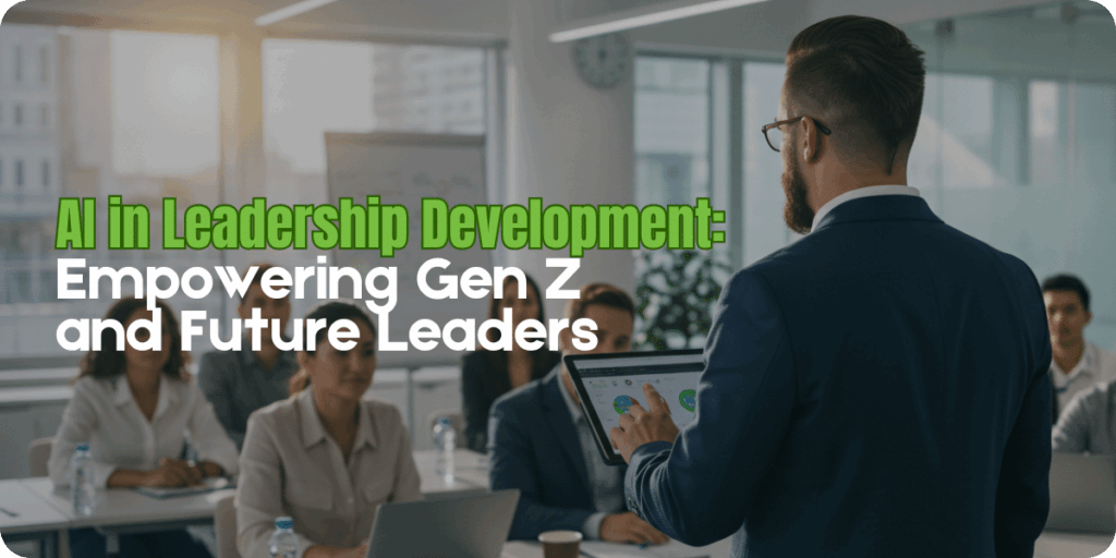 A professional man in a suit presents data on a tablet to a group of young professionals in a modern office setting. The audience, including men and women, listens attentively. Overlaid text reads: "AI in Leadership Development: Empowering Gen Z and Future Leaders" with "AI in Leadership Development" in green and the rest in white.