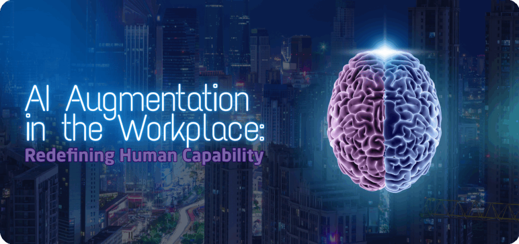Illustration of a human brain glowing with digital light over a modern city skyline, symbolising collaboration between people and AI in the workplace.
